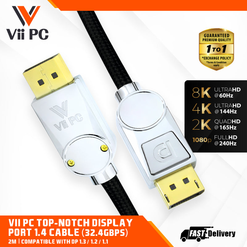 Vii PC Top-notch DisplayPort 1.4 Cable 2m Compatible with DP 1.3 / 1.2 / 1.1 , 8K 60Hz 4k 144Hz 2K 165Hz 1080p 240Hz 3D Effect Display Port Cable